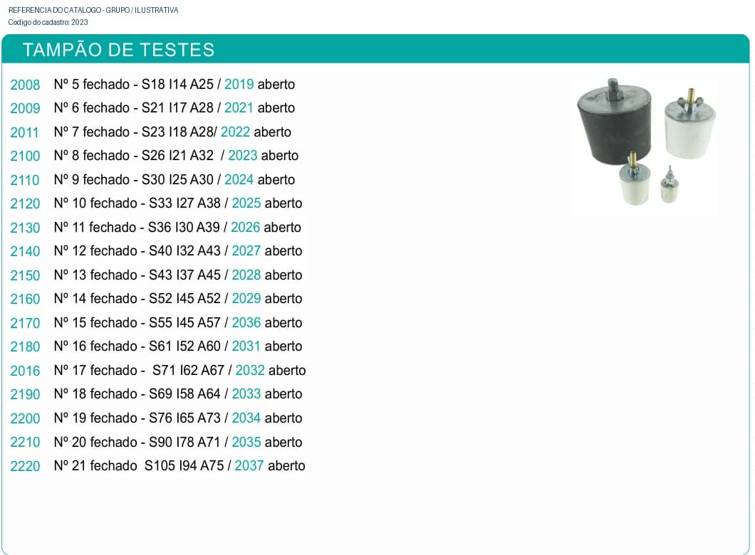 Tampão de testes Nº 8 aberto - S26 I21 A32
