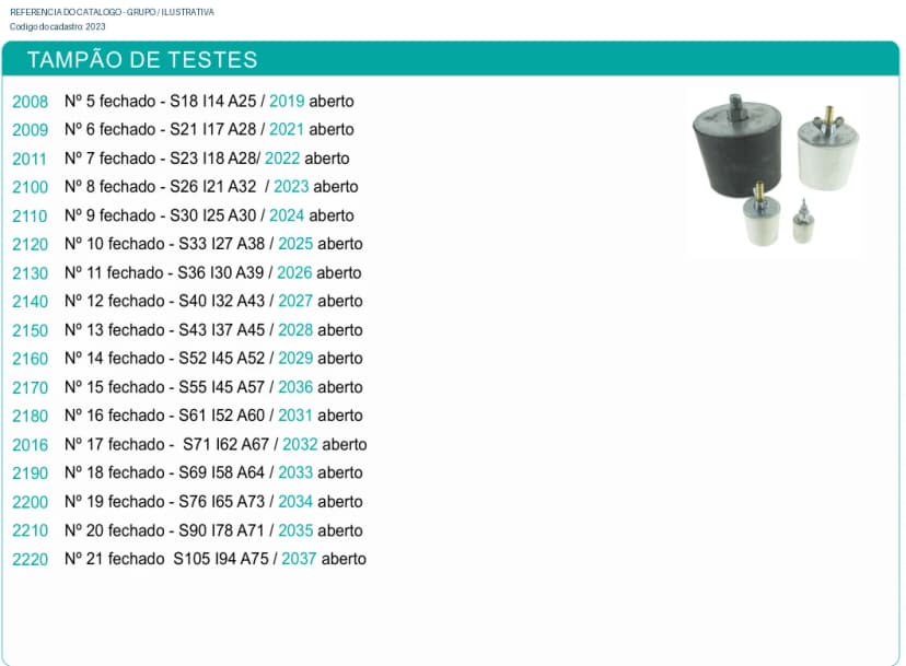 Tampão de testes Nº 8 aberto - S26 I21 A32